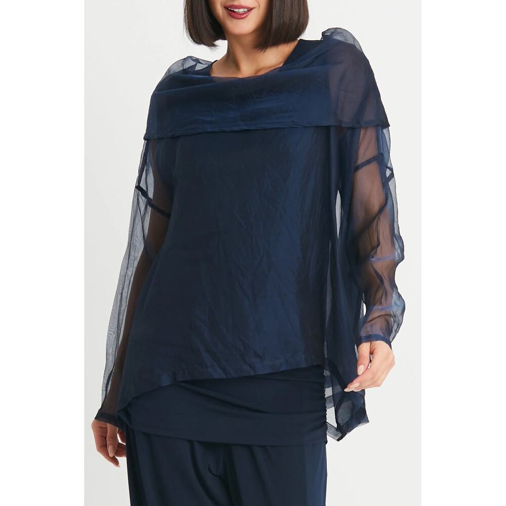 Planet by Lauren G Organza Cowl Neck Top Midnight 100% Silk Oversized OS